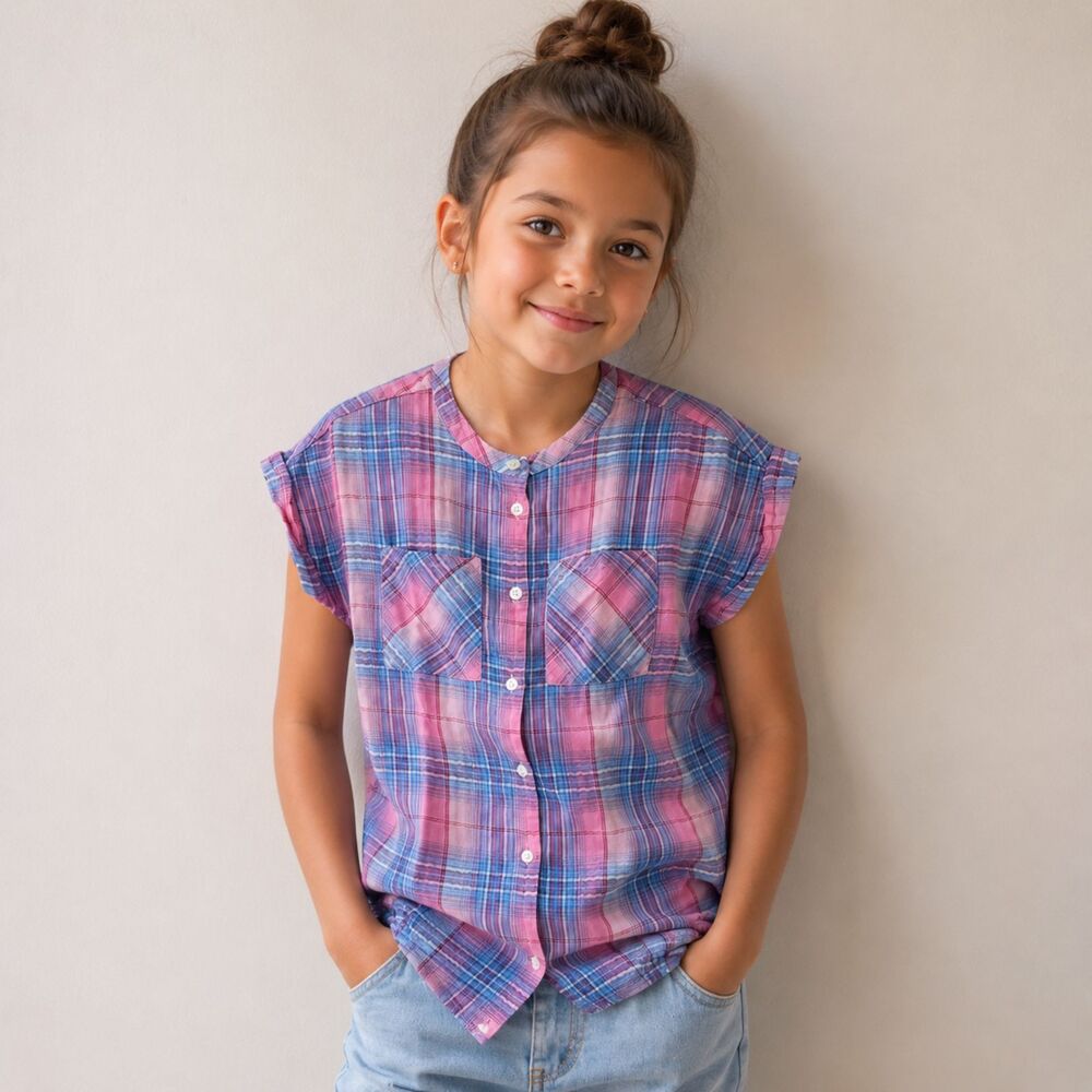 Gap Girls Plaid Button Front Blouse Casual Everyday Pink Blue Size L (10)